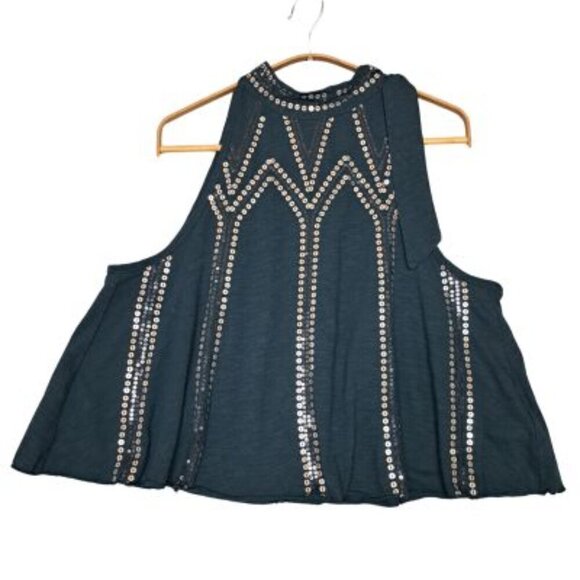 Free People Glitter City Tie Neck Mock Neck Sequin Halter Top - Picture 2 of 6